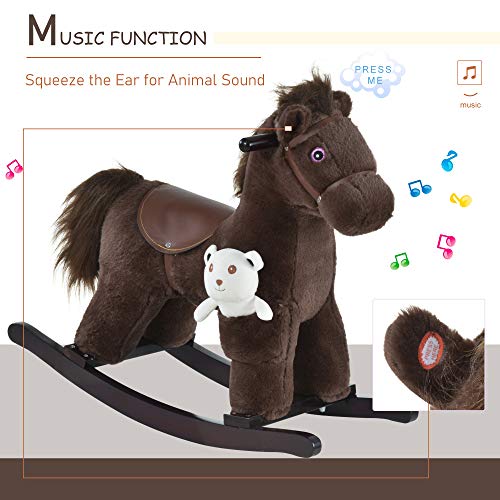 Qaba Kids Plush Ride-On Rocking Horse With Bear Toy, Children Chair With Soft Plush Toy & Fun Realistic Sounds, Brown #TOP3