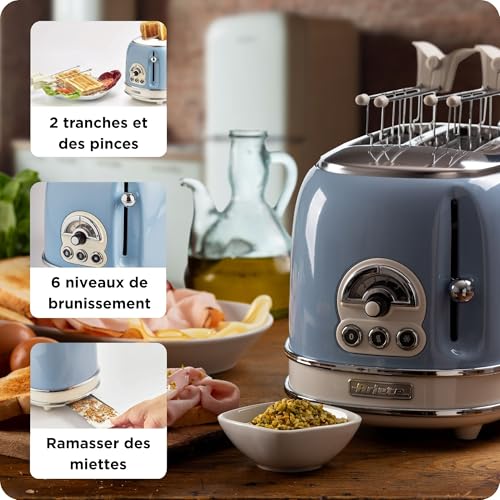 Ariete Grille-Pain 2 Tranches Vintage 155, Grille-Pain 6 Niveaux de Grillage, Éjection Automatique, Fonction Décongélation, Tiroir Ramasse-Miettes Amovible, Acier Inoxydable, avec Pince, 810W, Bleu