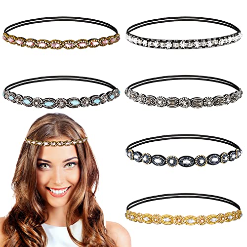 6 Pieces Rhinestone Beaded Headbands Elastic Rhinestone Headbands Vintage Crystal Beaded Stretchy Hairbands Jewelry Hair Accessories for Women and Girls