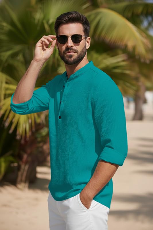 Image of Men's Cotton Blend Short Kurta with Collared Neck Full Sleeves Solid Pattern Western Style Regular Fit and Standard Length