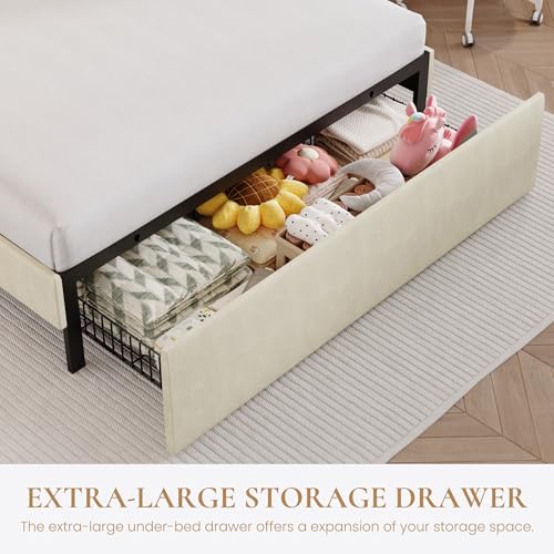 SHA CERLIN Full Size Bed Frame with LED Lights and Storage Drawer, Cream - Image 4