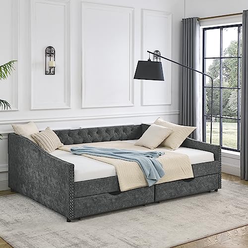 Linuque Upholstered Queen Size Daybed with 2 Storage Drawers, Solid Wood Sofa Bed Frame with Button Tufted Backrest and Waved Shape Armrests with Copper Nail, Grey