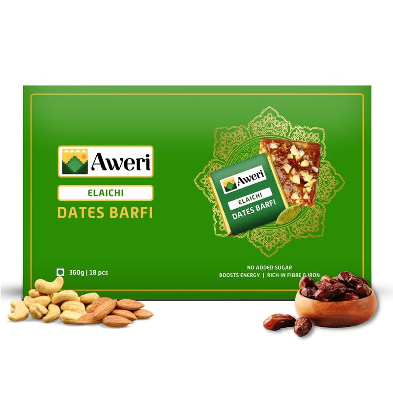 Aweri Elaichi Dates Barfi (360 Gram): No Added Sugar Healthy Date Bite | Dry Fruit Barfi | Dates, Almonds, Cashews, Ghee | Indian Sweet Mithai Gift Pack | Khajoor Barfi | Date Chikki
