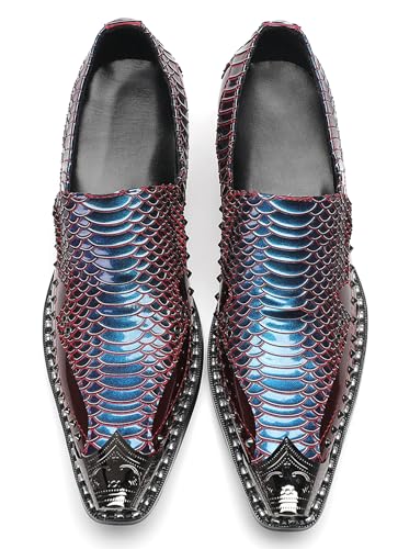 Men's Slip-On Loafers Leather Dress Shoes - Metal Pointed Toe, Studded Detail, Chunky Heel, Comfortable Snakeskin Western Casual Penny Loafers for Party,Ballroom,Bar Wear3