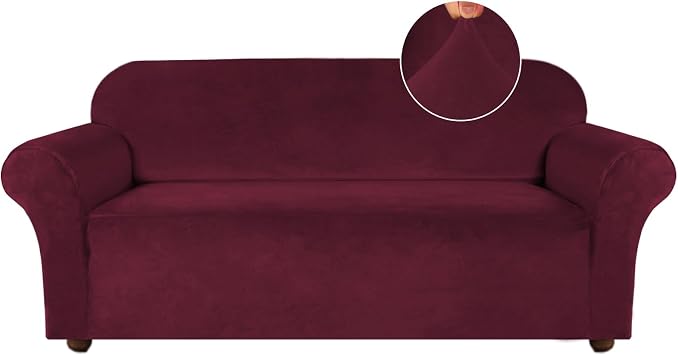 Turquoize Velvet Couch Covers Sofa Covers for 3 Cushion Couch Stretch Sofa Slipcovers with Non Slip Elastic Bottom Furniture Protector for Pets Crafted from Soft Thick Velvet Fabric Sofa, Burgundy