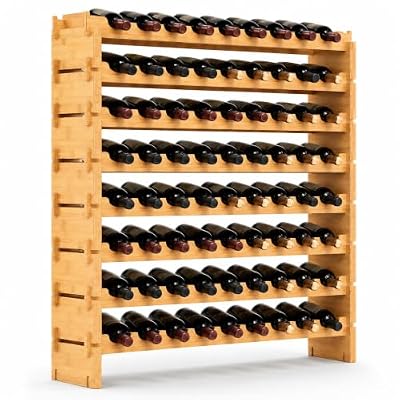 Nutrichef 72 Bottle Wine Rack Stackable Bamboo Freestanding, 8-Tier Modular Shelf, Sturdy Wobble Free, Upgraded 2026 Design, Easy No-Tool Assembly for Kitchen, Cellar or Bar Storage 33.5" x 10" x 41"