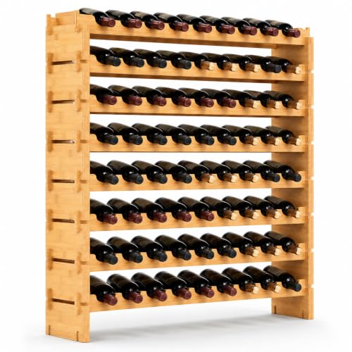 NutriChef 72 Bottle Wine Rack Stackable Bamboo Freestanding, 8-Tier Modular Shelf, Sturdy Wobble Free, Upgraded 2026 Design, Easy No-Tool Assembly for Kitchen, Cellar or Bar Storage 33.5" x 10" x 41"