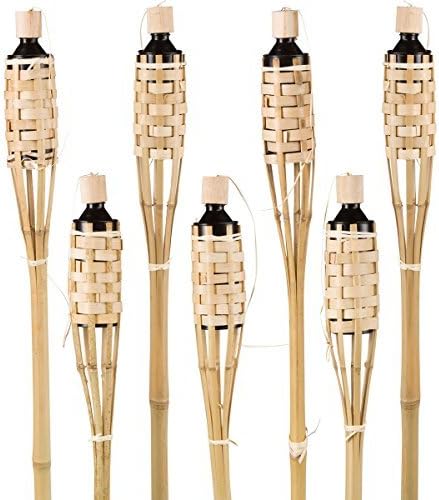 Island Tiki Torch Bundle (12 Pack) WITH CAPS 4FT/48IN Bamboo Torches - Sharp Angled Bottom Tip for EASY