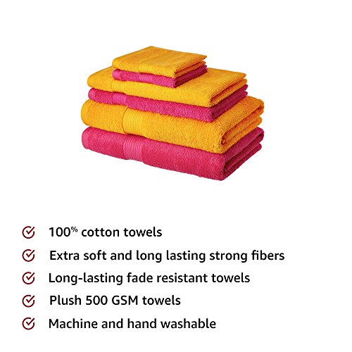 Image of Amazon Brand - Solimo Cotton 6 Piece Towel Set, 500 GSM (Paradise Pink and Sunshine Yellow)