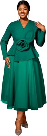 AOMEI Womens Long Sleeve A-line Midi Dress with 3D Flower Waist Elegant Church Party Dress