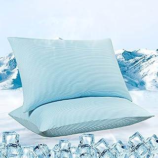 Luxear Cooling Pillow Cases 2 Packs, Silky Soft Q-Max>0.5 Pillowcase Standard Arc-Chill Anti-Static For Hair Skin Stretch Cool Pillow Covers With High Elasticity Standard Size, Blue and White Stripes