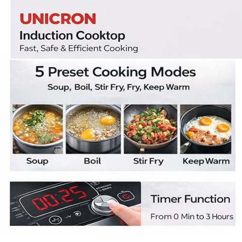 Image of UNICRON PIRC 1.0 2000 Watts Infrared Cooktop | Preset Indian Menu Options & Timer | Compatible With Any Metal Cookware With Flat Bottom | Easy to clean | Portable | Golden