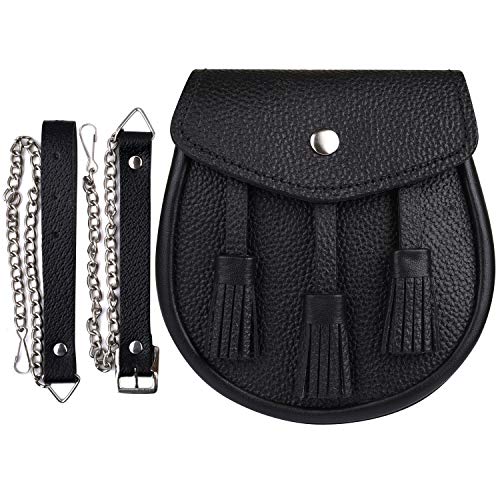 DSS KILTS Scottish 100% Original Leather Sporran with Leather Belt & Chain (Plain Black Leather with Three Tassels) 7