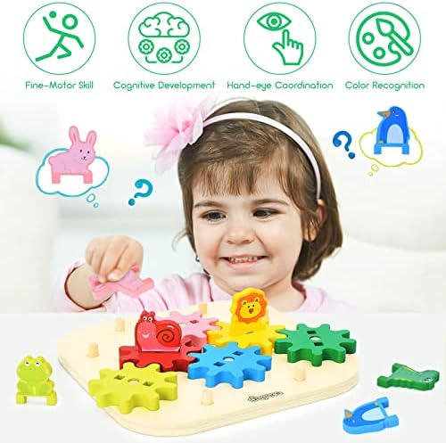 Japace Wooden Puzzle for 1 2 3 year olds, Montessori Toys Gear Puzzle with Turning Wheels and Animals, Educational Sorting Toys & Gifts for Toddlers Boys and Girls