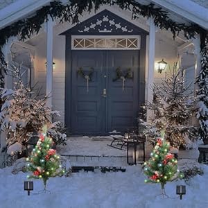 2Pcs Solar Light Outdoor Mini Christmas Tree 25ft Ground Christmas Tree Outdoor Xmas Decorations for Entrance Driveway Porch Yard Garden Red Berries Pine Cones
