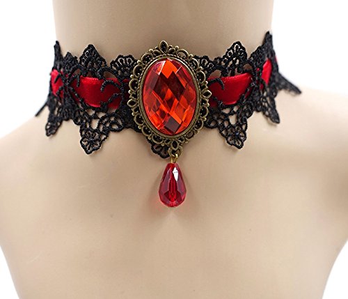 Youniker Retro Handmade Choker Necklace And Bracelet Jewelry Set For Halloween Costume Party Women Gothic Black Lace Necklace Punk Royal Court Vampire Choker Pendant Chain(Red) #TOP2