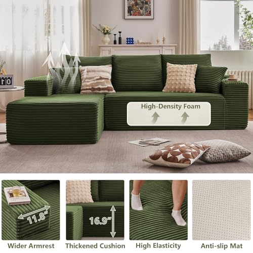 Image of 107 inch Cloud Sectional Couch with L-Shape Chaise, Modern Modular Comfy Sofa with Deep Seat, Upholstered Corduroy Couches Sleeper Chaise Longue for Living Room Bedroom, No Assembly Required, Green