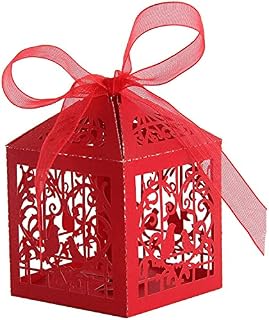 WedDecor Small Favour Boxes Laser Cut Design Candy Chocolates Dark Purple Box With Dark Purple Ribbon for Weddings, Birthdays, Baby Shower, Parties Decoration, 5cm x 5cm, 50pcs
