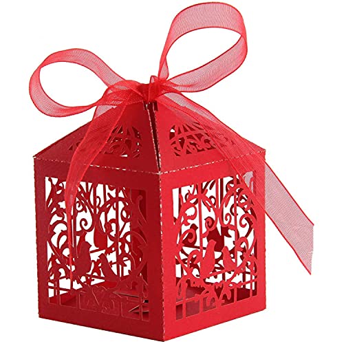 Trimming Shop Lot de 100 boîtes à dragées découpées avec précision pour mariage, anniversaire, fête prénatale, événement avec rubans, rouge