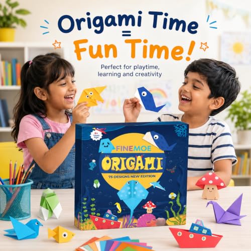 Image of FINEMOE 150 Origami Kit with Instruction Book for Kids - Craft Color Paper Sheets with 75 Design, 18x18 cm DIY Art Colour Paper Activity Kit Set, Return Gift For Birthday Party