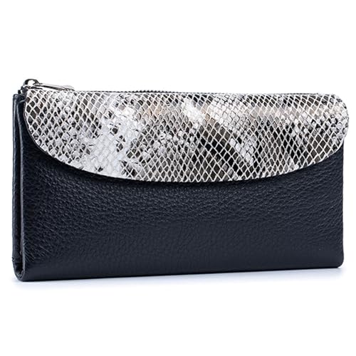 Genuine Leather Large Tri-Fold Wallet for Women - Designer Snake Print Purse, RFID Blocking Credit Card Holder, Holds 10+ Cards & Smartphone (6.1