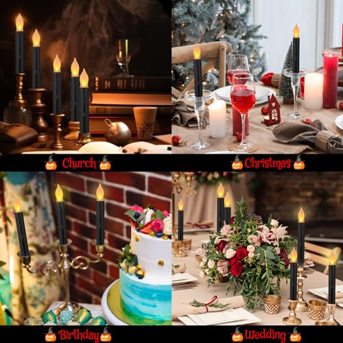 Image of Macarrie 60 Flickering LED Taper Candles, Black Candle Yellow Light