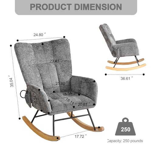 Image of Rocking Chair Nursery with Airbag, Comfy Modern Nursery Rocking Reading Chair Indoor, Cozy Upholstered Glider Rocker Chairs for Living Room Bedroom Offices, (Chenille, Dark Grey)