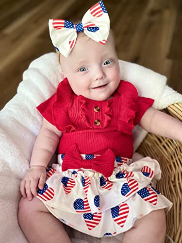 HIHA Baby Girl 4th of July Outfit Short Sleeve Bodysuit American Flag Ruffle Shorts Clothing with Headband2