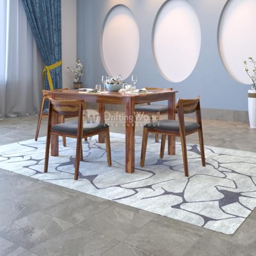 Image of DRIFTINGWOOD Liana Dining Table 4 Seater | Four Seater Dinning Table with 4 Chairs with Grey Cushions for Home | Rosewood, Natural Finish, Self Assembly(DIY)