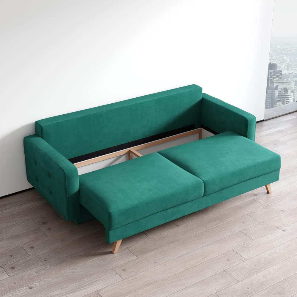 Meble Furniture Modern Mid-Century Sleeper Sofa — Queen Size Convertible Bed — Spacious Under-Seat Storage, 85.5 x 36.5 x 34.5 inches — Dark Green | Versatile Sleeper, Durable Hardwood, Comfortable Plush, Mid-Century Modern
