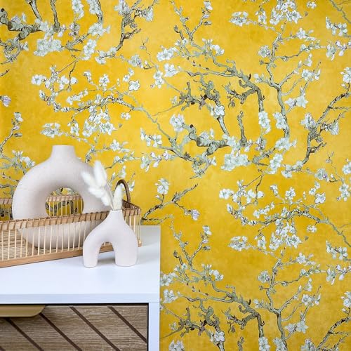 WALLCOVER Papier Peint Intissé Fleurs Jaune Van Gogh Floral Fleur d'amandier Vintage pour Chambre Cuisine Salon