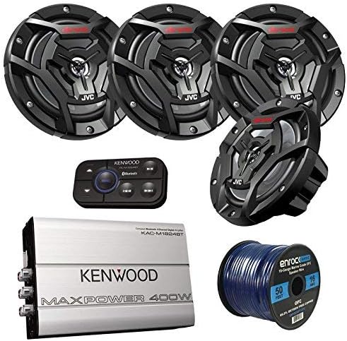 Marine Speaker and Amp Package: 4X JVC CS-DR6200M 100-Watt 6.5" 2-Way Coaxial Speakers Bundle Combo with Kenwood 320-Watt 4-Channel Waterproof Bluetooth Amplifier + 50Ft 16g Speaker Wire