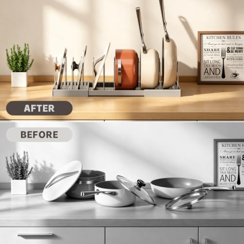 Magheo 2 Pack Pots and Pans Organizer Under Cabinet, Expandable 12.6"-22.8" Kitchen Cabinet Organizer Holder with 10 Adjustable Dividers for Food Storage Container Lid, Cookie Sheet, Cookware(Gray) by Magheo - Used condition - Image 5