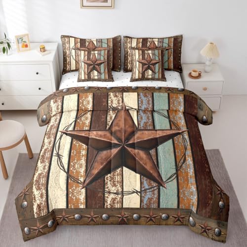7 Pieces King Size Western Texas Star Kids Comforter Set,Vintage Wooden Plank Bedding Set,Rustic Farmhouse West Cowboy Brown Retro（Comforter+Fitted+Flat Sheet+2 Pillowcases+2 Throw Pillow Covers）