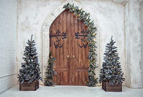 Laeacco Christmas Theme Backdrop 10x8ft Vintage Arch Wooden Door Front Xmas Trees Plain Lime Wall Photography Background Xmas Party Banner Winter Theme Wedding Child Kids Baby Portrait Shoot Wallpaper