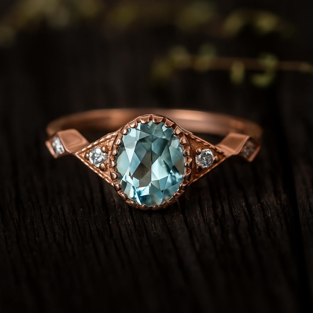 Rose Gold Vintage-Style Ring with Oval Blue Gemstone & Accent Diamonds – Elegant Women’s Fine Jewelry Gift Christmas Ring For Love
