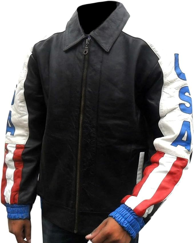 Men's USA Flag Logo Design Biker Bomber Motorcycle Black Real Leather Jacket2