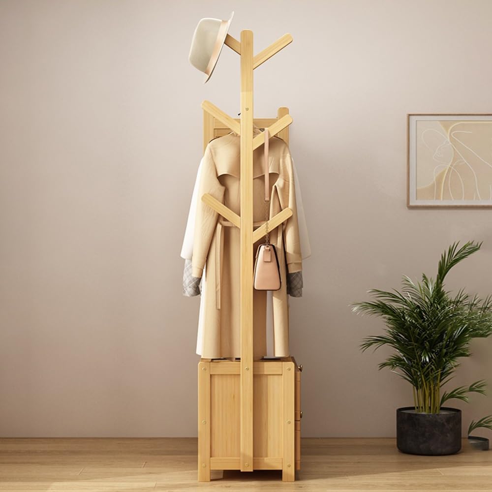 Flur Bodenstehender Garderobenständer mit Aufbewahrungsschublade, Boden-Haushaltsgarderobe, Schlafzimmer-Hängekleidung, offener Kleiderschrank-Aufbewahrungsständer Hutständer(Original Color,Mittel)