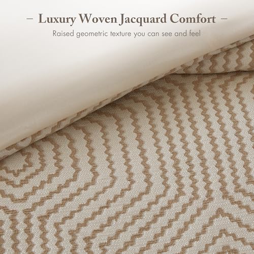 Image of Madison Park Signature King Luxury Jacquard Comforter Set, Removable Duvet Cover with Insert, Oversized Overfilled Bedding, Hand-Guided Embroidered Texture Accents, Geometric Ivory, 9-Piece