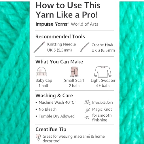 Image of WOAFashions Impulse Hand Knitting & Crochet Yarn, Premium Acrylic, 4 : Medium (Medium Turquoise) (2x100gms / 3.5oz / 200mtr / 218yds)