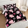 UEVBF Cute Axolotl Bedding Set Twin Size,Pink Axolotl Strawberry Printed Comforter Sets Aesthetic Bedding for Kids Girls,Beach Coastal Animal Themed Comforter Sets with 2 Pillowcases. #1