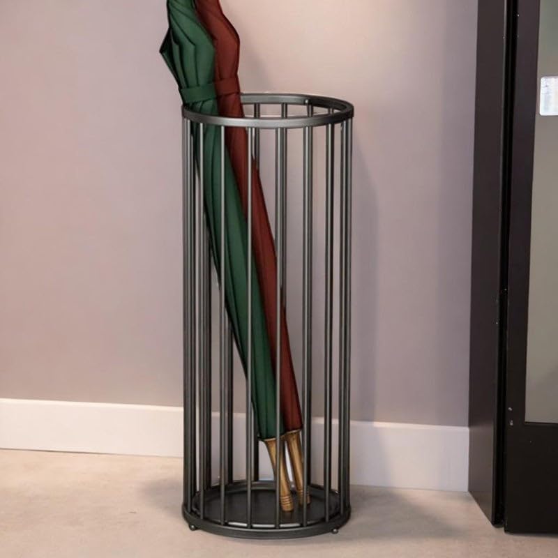 Image of Metal Wire Umbrella Stand, Black, Cylindrical, 22 x 58 cm, Entryway Organiser with Drip Tray