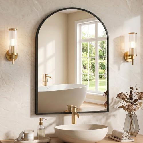 Image of NEWBULIG 22X30 Inch Arched Bathroom Wall Mirror for Over Sink, Black | Wall Vanity Mirror with Tempered Glass, Anti-Rust Arched Metal Framed, Hanging or Leaning, Farmhouse Home Decor