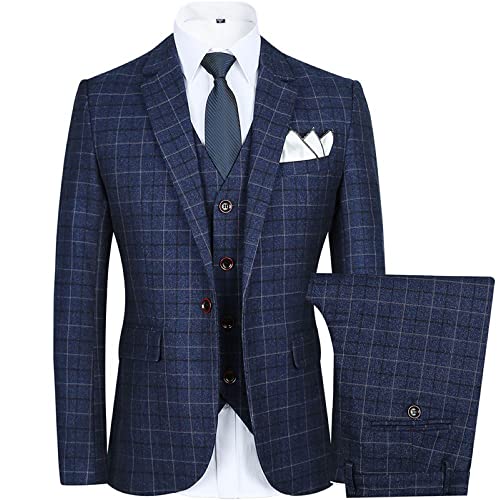 Premium Men Navy Blue Plaid Tweed Blazer Prom Tuxedo Notch Lapel Check Grooms Tuxedo Wedding 3 Pieces Suit Jacket Pants Vest