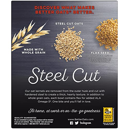Image of Better Oats Steel Cut Instant Oatmeal Packets, Maple and Brown Sugar Flavor with Flax Seeds, Quick-Cooking Breakfast, 15.1 oz Box of 10 Pouches (Pack of 1)