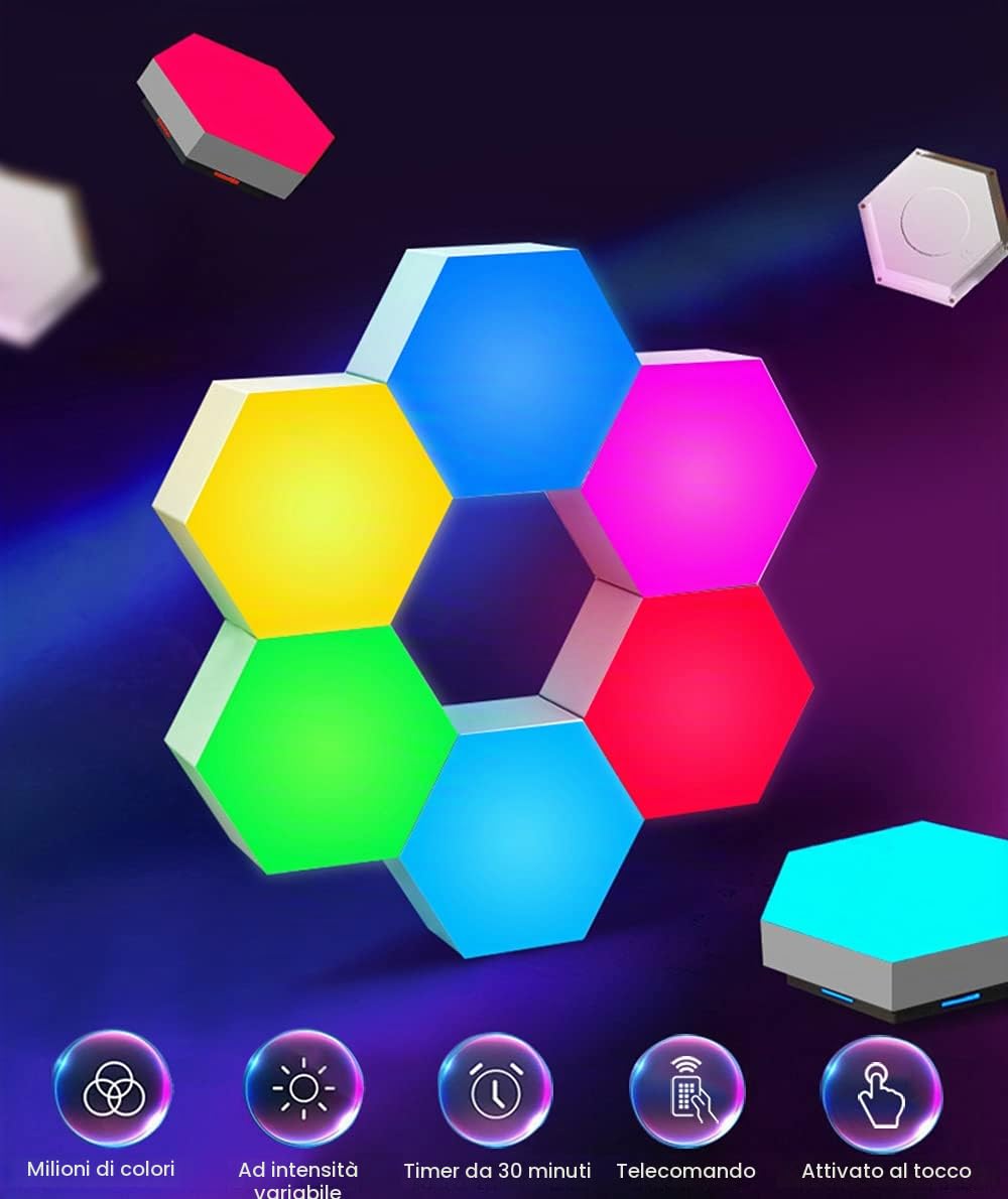 Pannelli LED RGB con Telecomando, Applique da Parete Interno Luci Esagoni LED Gaming Controllo Touch, Geometria Fai-da-te Lampada Gaming LED Muro Accessori Gaming per Camera da Letto, 10 Pannelli