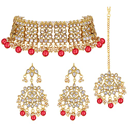 Image of Aheli Elegant Indian Faux Kundan Studded Choker Necklace with Maang Tikka Set Ethnic Wedding Wear Bharatanatyam jewellery set Gift for Women
