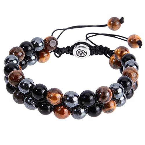 NICENEEDED Pulsera triple protección hecha a mano, obsidiana negra natural y ojo de tigre, perlas de hematita de 8 mm ajustable para mujer y hombre trae suerte y prosperidad.