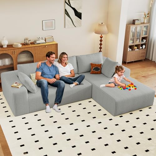 Image of 96 inch Modular Sectional Couch, Boneless L Shaped Cloud Sofa with Chaise Lounge, Corduroy Upholstered Couches Memory Foam Deep Seat, No Assembly Required, Ideal for Living Room(Light Gray, Right Facing)