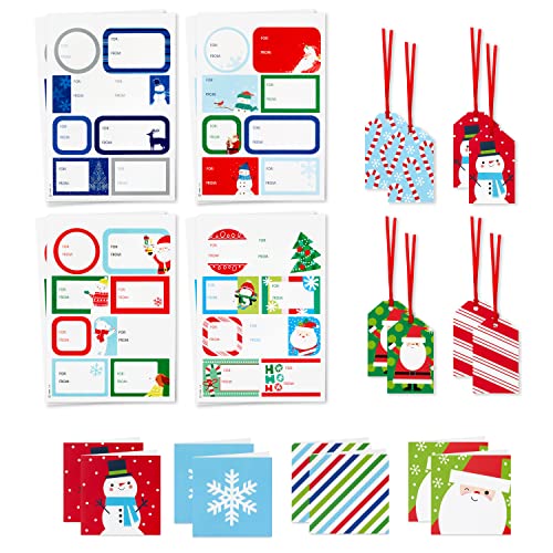 Hallmark Christmas Gift Tags with Ribbon, Sticker Seals, and Mini Notecards (Santa, Snowman, Stripes, Red, Green, Blue) for Gift